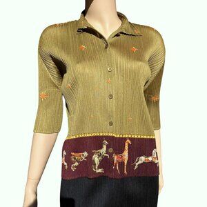 PLEATS PLEASE Issey Miyake Animal Carousel Print Shirt Green Multicolor Size 3